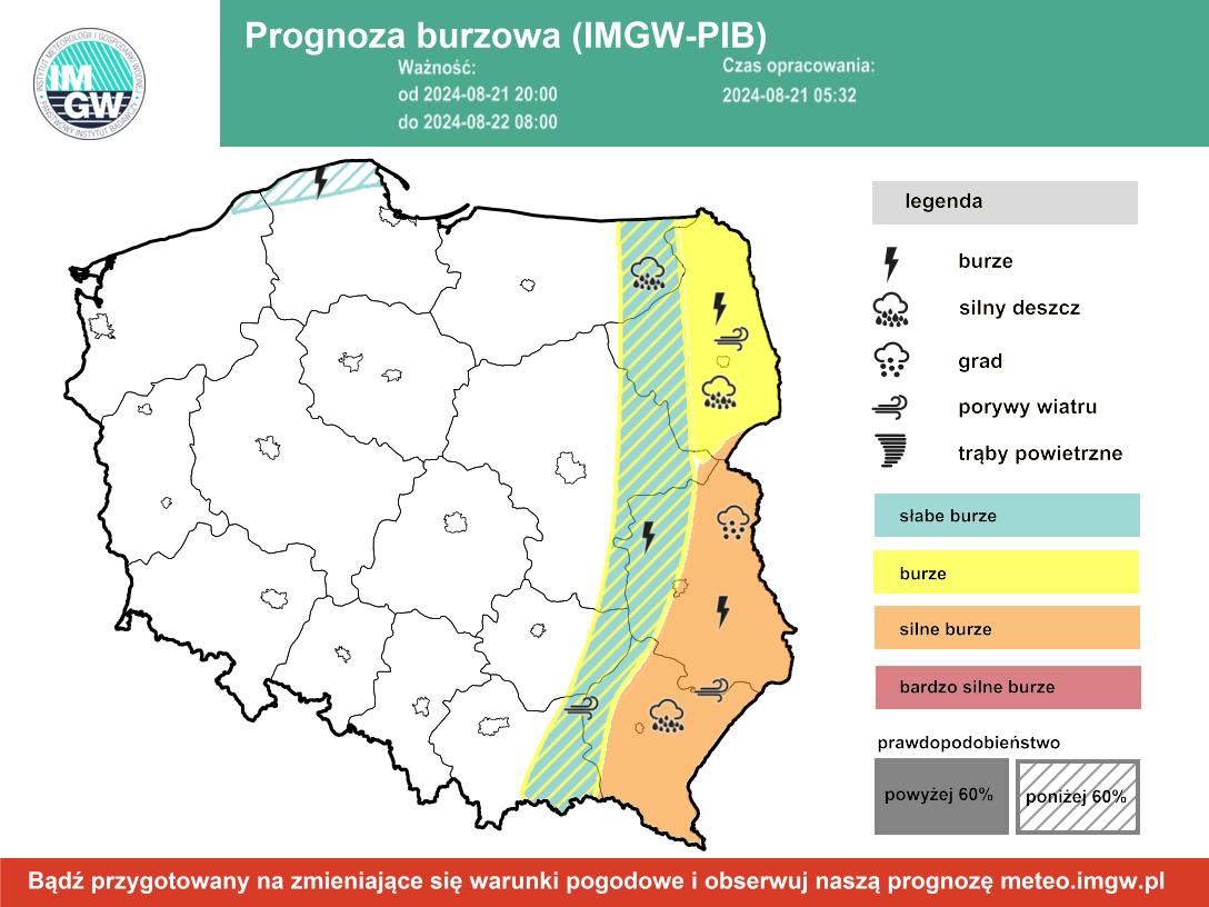 Prognoza burzowa IMGW na noc ze środy na czwartek 21/22 sierpnia 2024