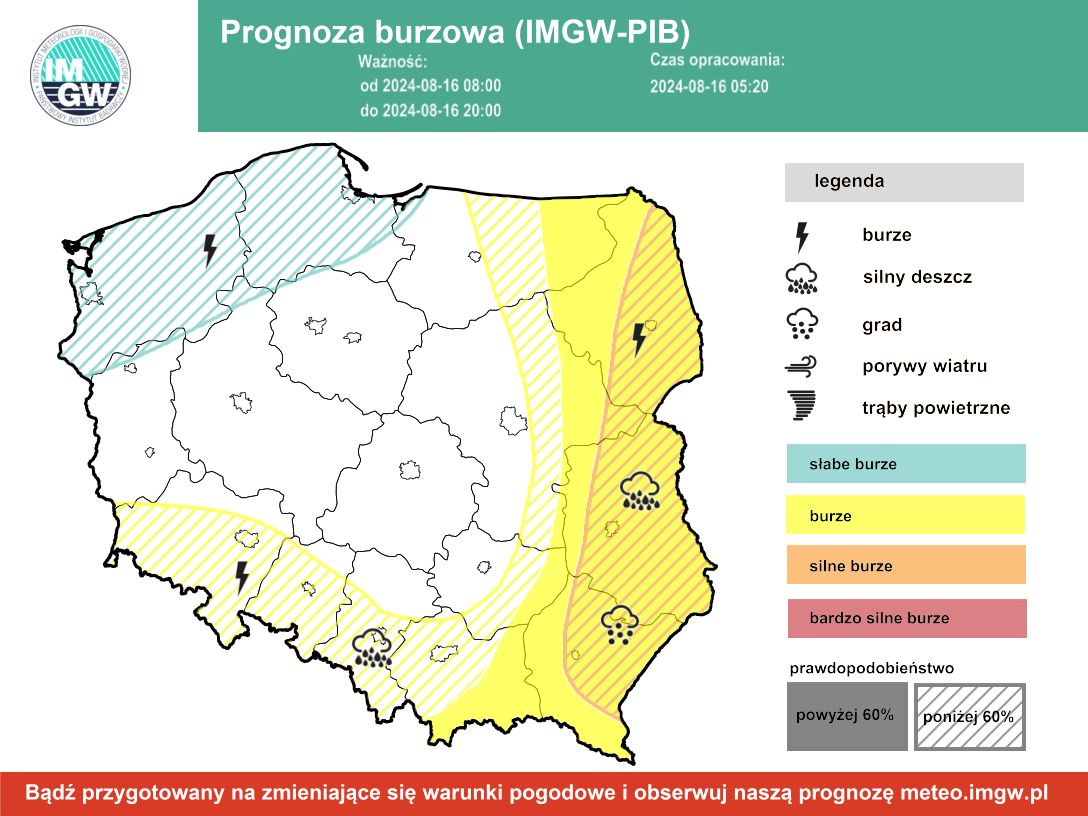 Prognoza burzowa IMGW na piątek, 16 sierpnia 2024