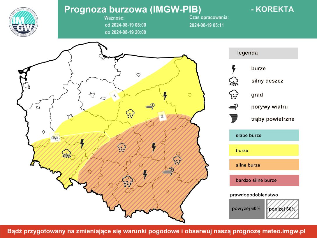 Prognoza burzowa IMGW na poniedziałek, 19 sierpnia 2024