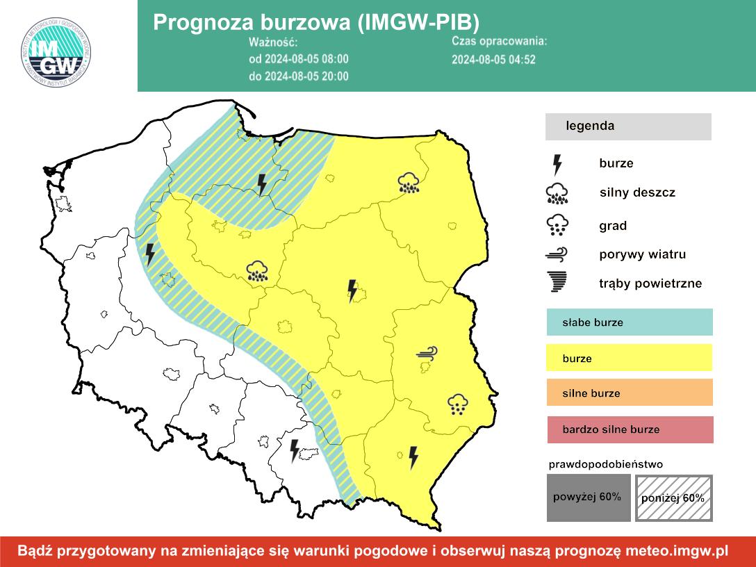 Prognoza burzowa IMGW na poniedziałek, 5 sierpnia 2024