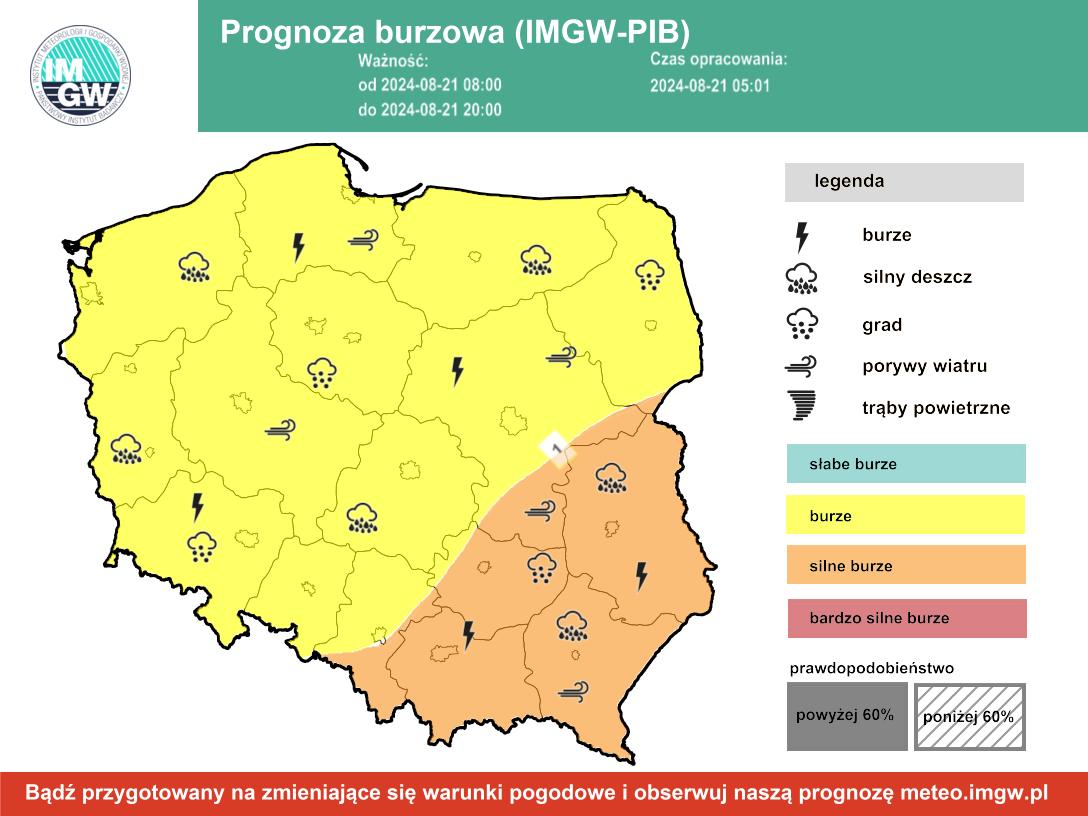 Prognoza burzowa IMGW na środę 21 sierpnia 2024