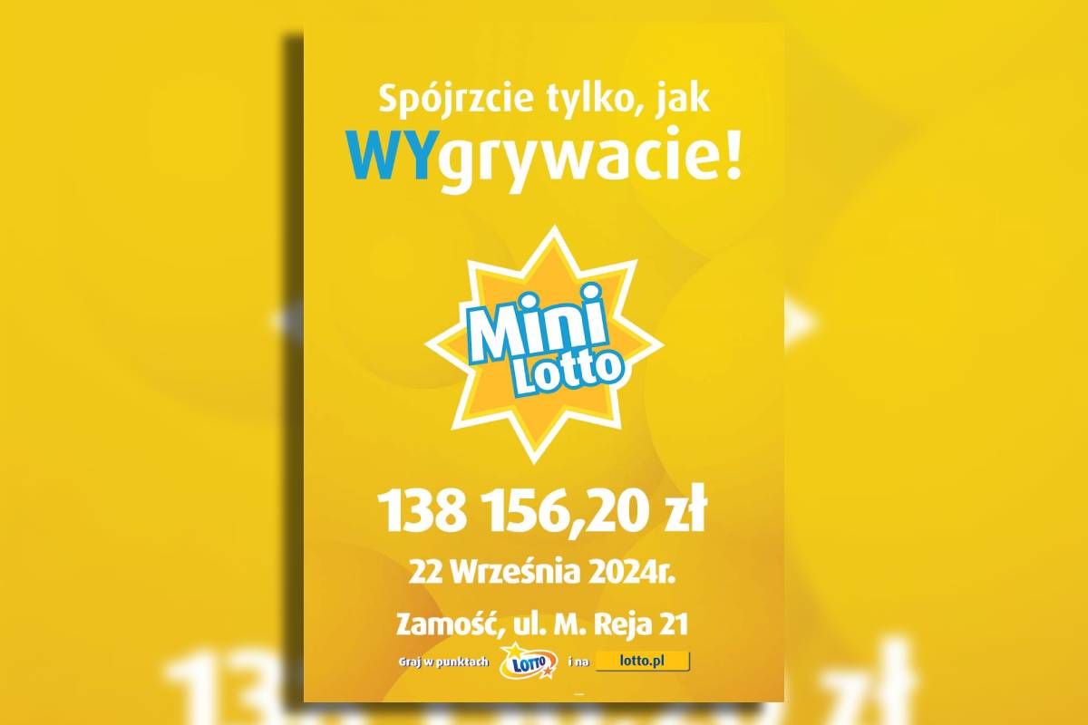 grafika Wygrana mini lotto z 22 września 2024 w Zamościu, ul. M. Reja 21