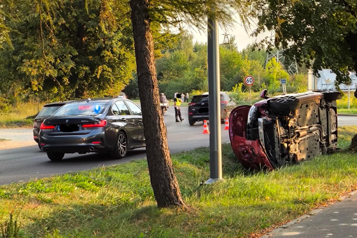 Citroen uderzył w drzewo i przewrócił się na bok na ul. Zemborzyckiej