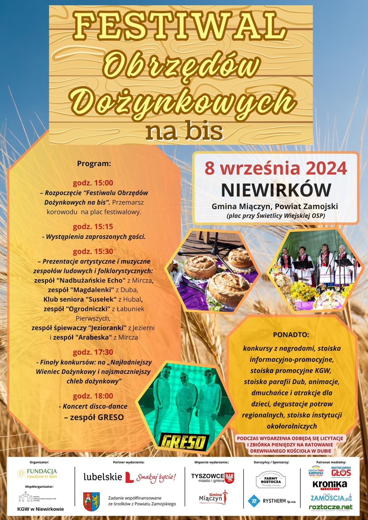 Festiwal Obrzędów Dożynkowych na bis w Niewirkowie 2024 - plakat, program wydarzenia