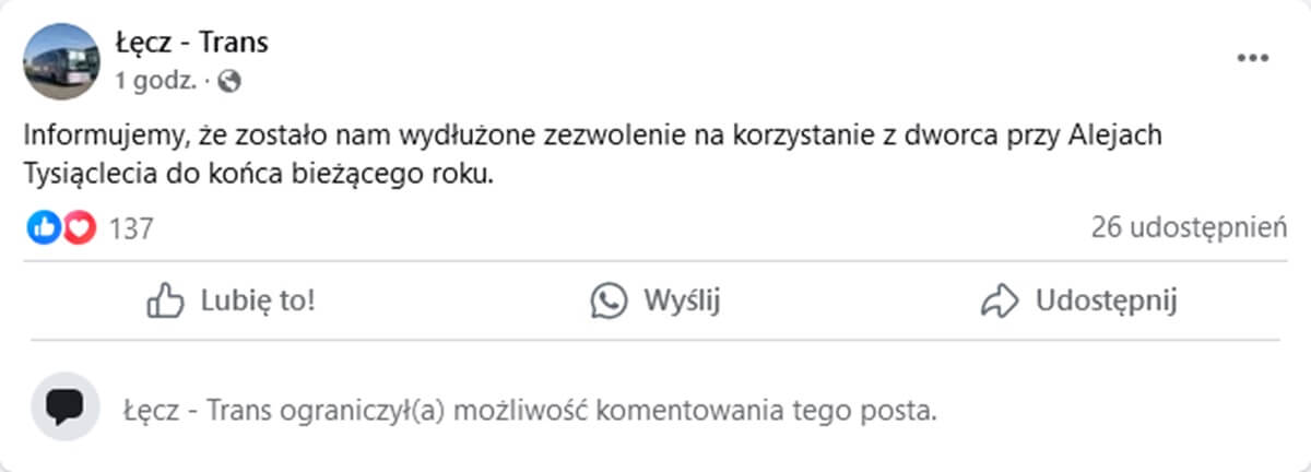 Zaskakujący zwrot akcji w sprawie wygaszenia starego dworca PKS w Lublinie. Lubelskie Dworce zmieniają zdanie 2 Informacja o przedłużeniu zezwolenia na korzystanie z dworca PKS przy al. Tysiąclecia przez przewoźnika Łęcz-Trans