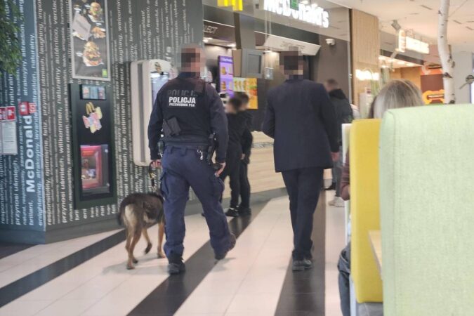 Policjant przewodnik psa służbowego w centrum handlowym VIVO! Lublin